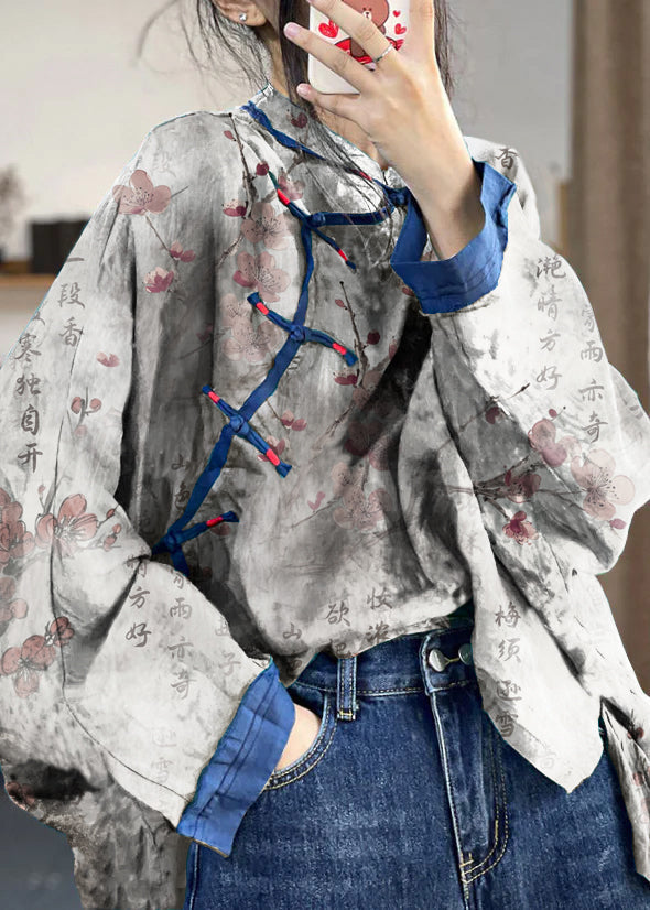 Loose Brown Flower Button Print Patchwork Cotton Shirts Long Sleeve
