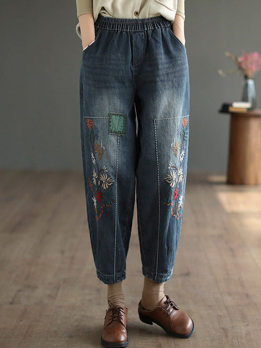 Loose Embroidered Elasticity Harem Denim Pants