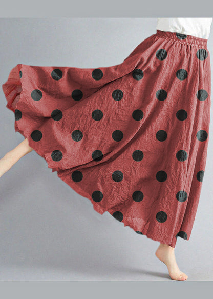 Style Brown Polka Dots Elastic Waist Exra Large Hem Cotton Linen a Line Skirts Summer
