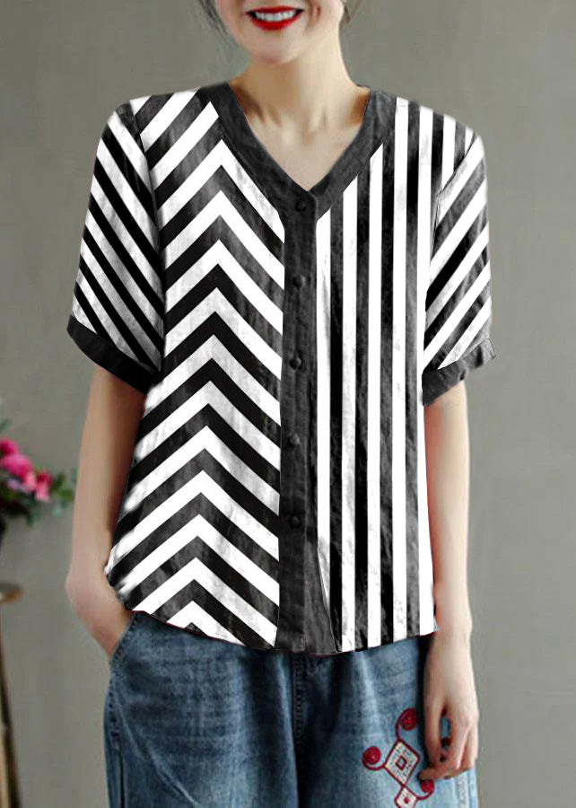 Loose Pink V Neck Embroideried Summer Cotton Blend Shirt