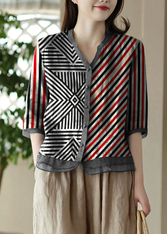 Black Plaid V Neck Embroidered Ramie Shirt Half Sleeve