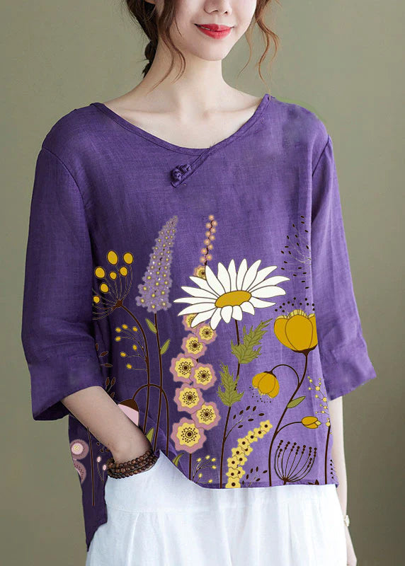 Diy Purple Crane Embroidered Side Open Half Sleeve Top