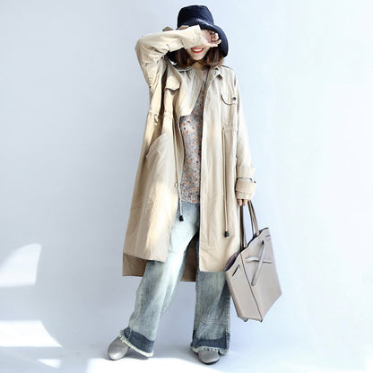 Autumn Beige Cotton Trench Coat Tie Waist Loose Pockets Lapel Parka