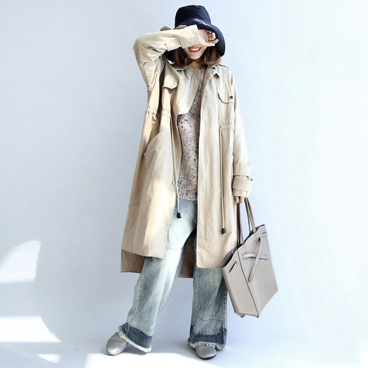 Autumn Beige Cotton Trench Coat Tie Waist Loose Pockets Lapel Parka