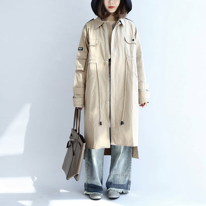 Autumn Beige Cotton Trench Coat Tie Waist Loose Pockets Lapel Parka