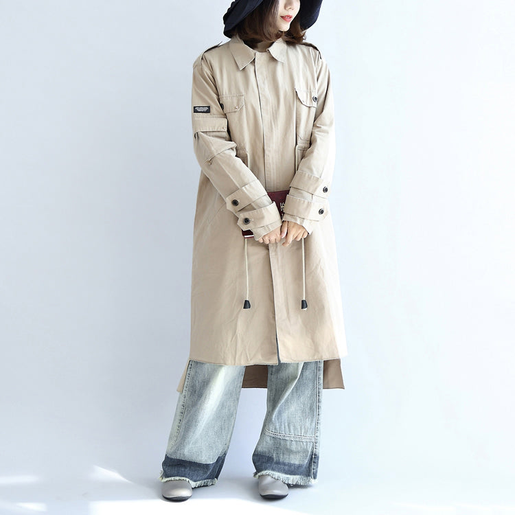 Autumn Beige Cotton Trench Coat Tie Waist Loose Pockets Lapel Parka