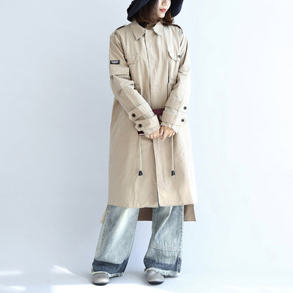 Autumn Beige Cotton Trench Coat Tie Waist Loose Pockets Lapel Parka