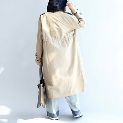 Autumn Beige Cotton Trench Coat Tie Waist Loose Pockets Lapel Parka