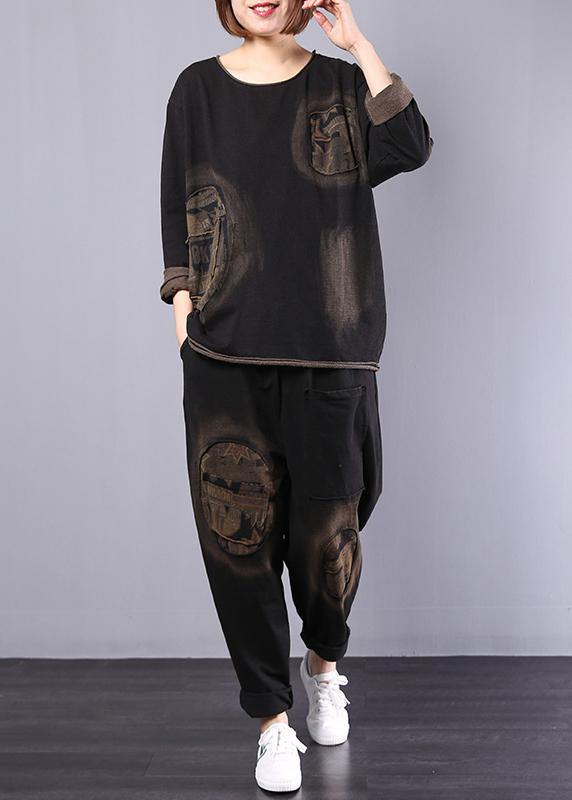 Autumn Black Appliques Suit Loose Cotton Sport Two Pieces