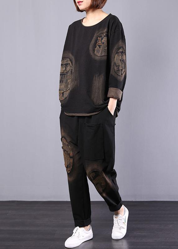 Autumn Black Appliques Suit Loose Cotton Sport Two Pieces