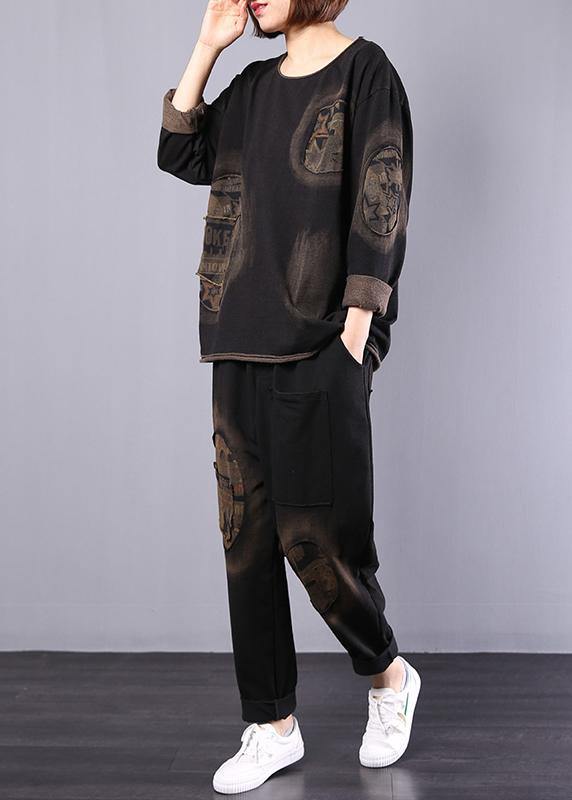 Autumn Black Appliques Suit Loose Cotton Sport Two Pieces