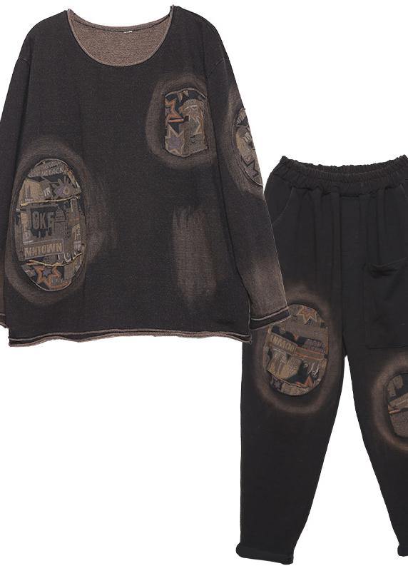Autumn Black Appliques Suit Loose Cotton Sport Two Pieces