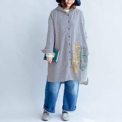 Autumn Black Beige Striped Prints Cotton Shirt Dress Hooded Cardigans Mid Dress