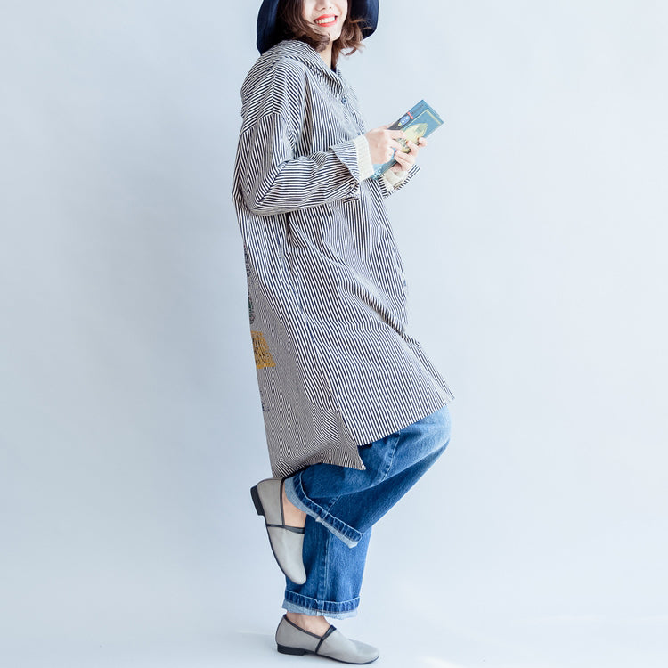 Autumn Black Beige Striped Prints Cotton Shirt Dress Hooded Cardigans Mid Dress