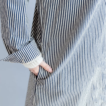 Autumn Black Beige Striped Prints Cotton Shirt Dress Hooded Cardigans Mid Dress