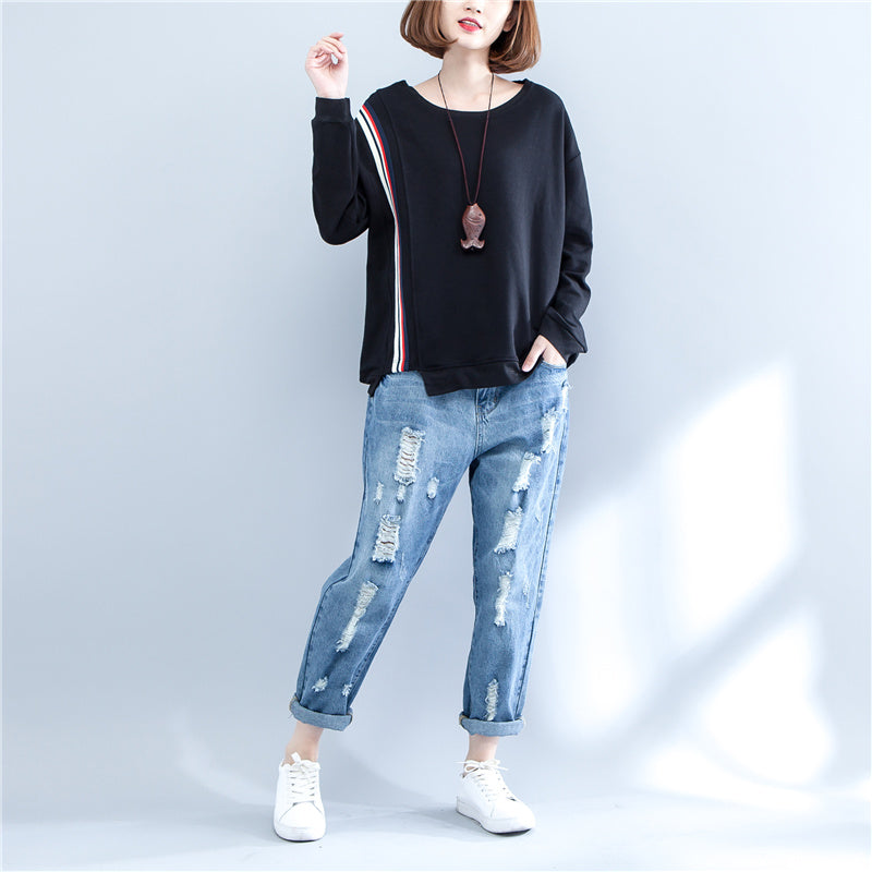 autumn black casual thick t shirt plus size long sleeve patchwork tops