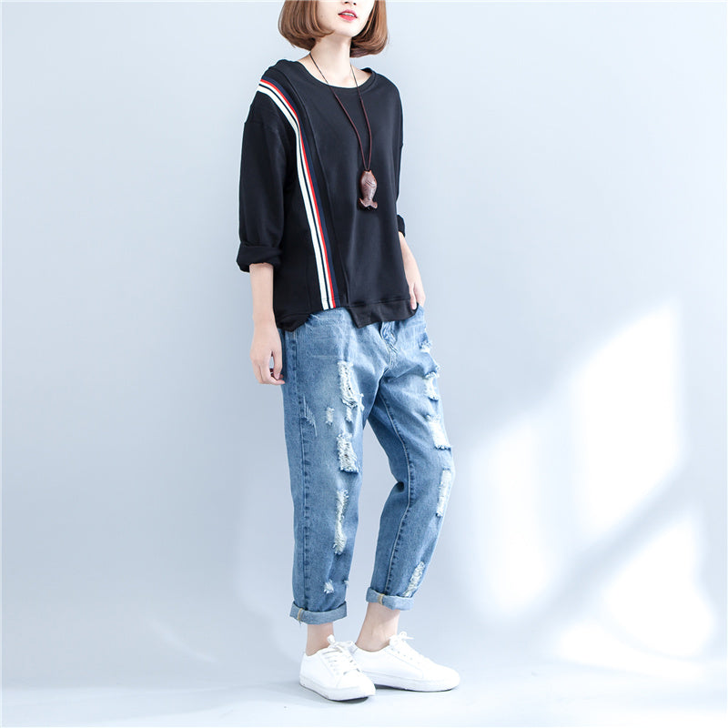 Autumn Black Thick T Shirt Long Sleeve Patchwork Tops