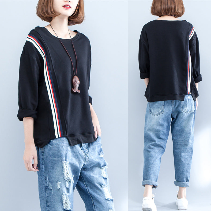 autumn black casual thick t shirt plus size long sleeve patchwork tops