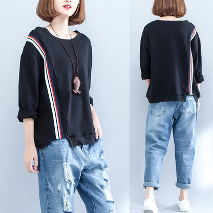 autumn black casual thick t shirt plus size long sleeve patchwork tops