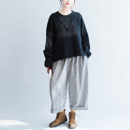 Autumn Black Cotton Cable Knit Sweater Side Open Sweater