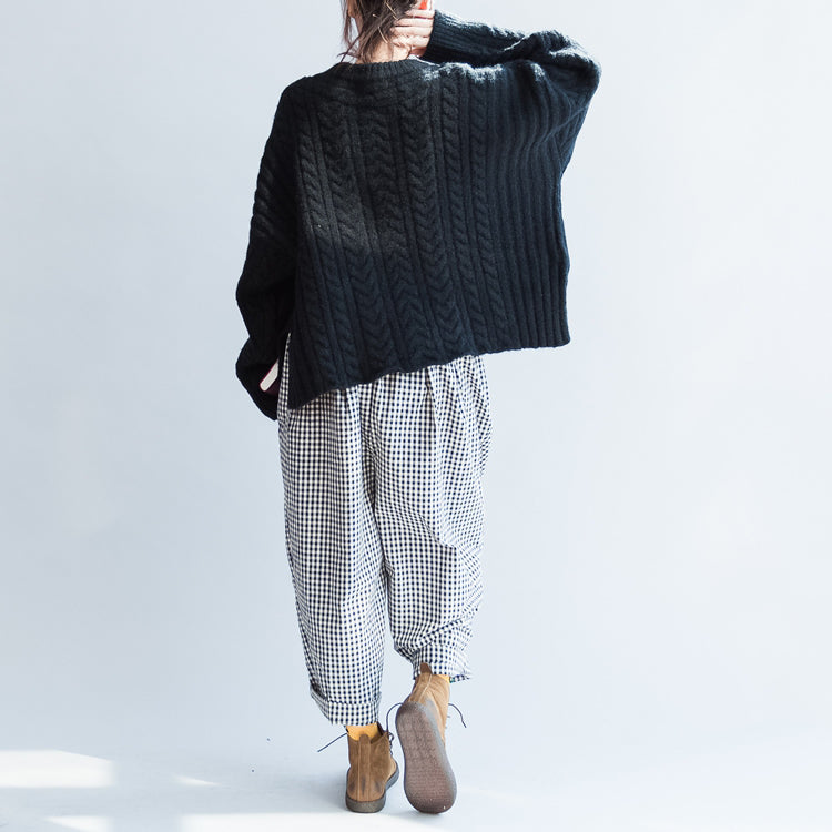 Autumn Black Cotton Cable Knit Sweater Side Open Sweater