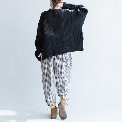 Autumn Black Cotton Cable Knit Sweater Side Open Sweater