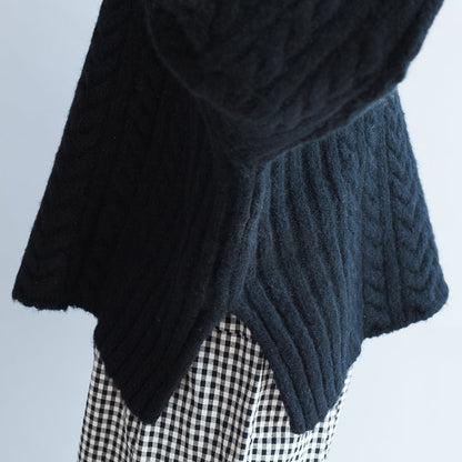 Autumn Black Cotton Cable Knit Sweater Side Open Sweater