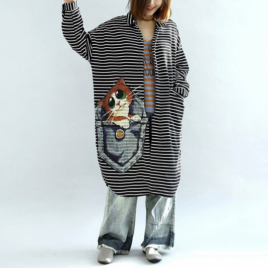 Autumn Black White Striped Cotton Cardigans Long Wrap Coat