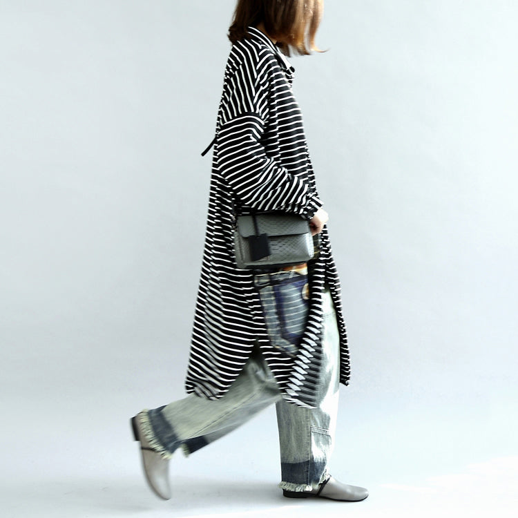 Autumn Black White Striped Cotton Cardigans Long Wrap Coat