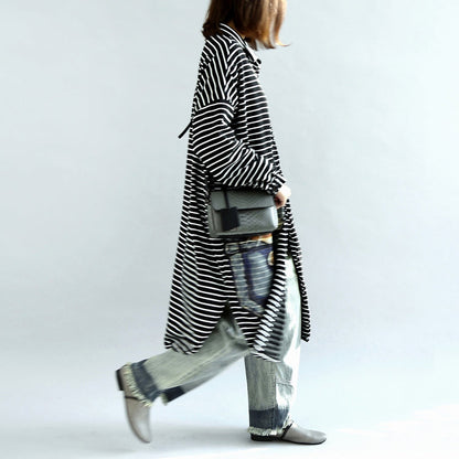 Autumn Black White Striped Cotton Cardigans Long Wrap Coat