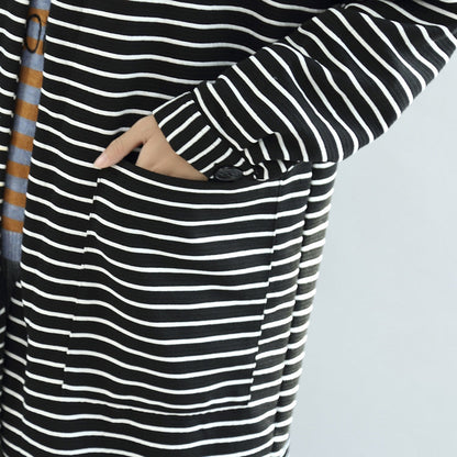 Autumn Black White Striped Cotton Cardigans Long Wrap Coat