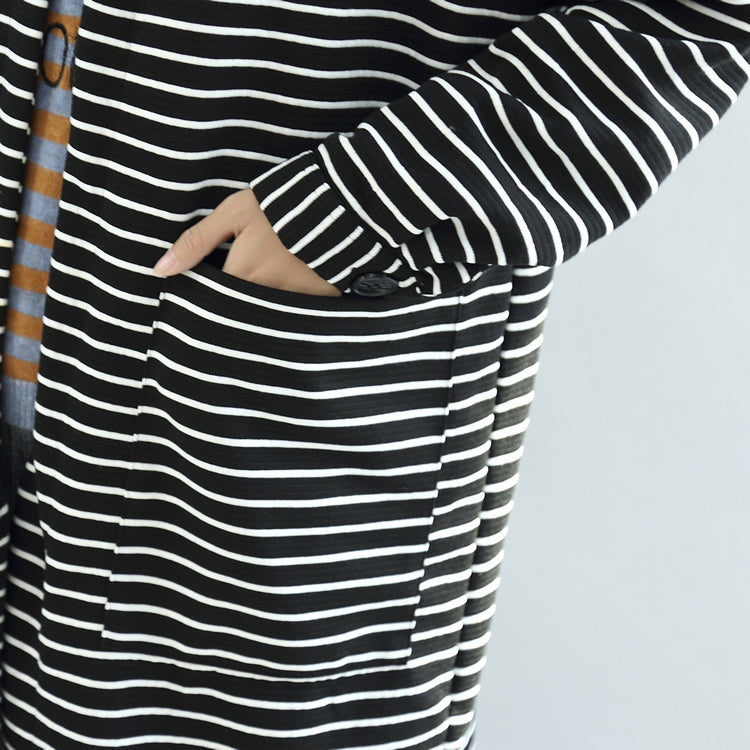 Autumn Black White Striped Cotton Cardigans Long Wrap Coat