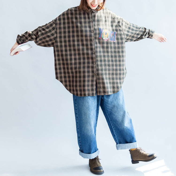 Autumn Blackish Green Cotton Blouse Oversize Cartoon Print Batwing Sleeve Tops