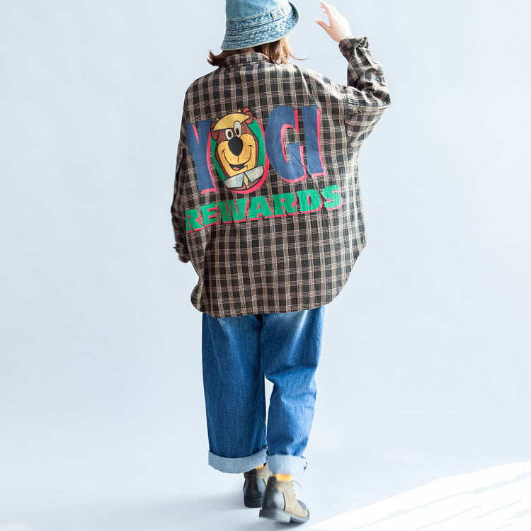 Autumn Blackish Green Cotton Blouse Oversize Cartoon Print Batwing Sleeve Tops