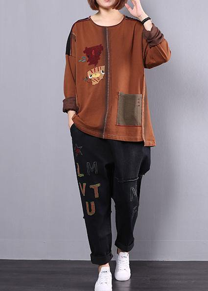 autumn casual vintage khaki patchwork tops and black casual pants two pieces