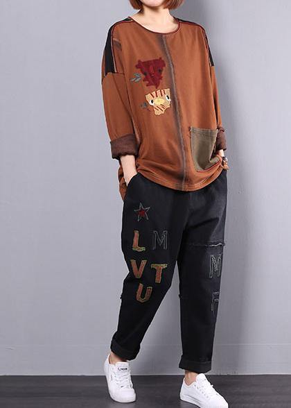 Autumn Khaki Patchwork Tops and Black Pants Two Pieces