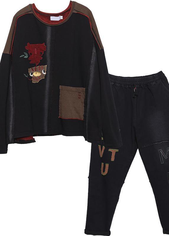 Autumn Khaki Patchwork Tops and Black Pants Two Pieces