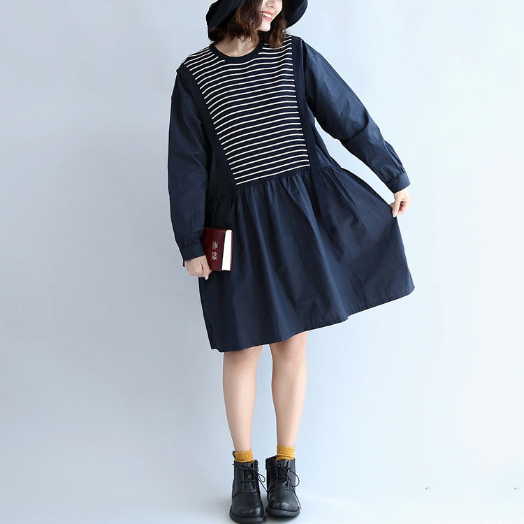 Autumn Cotton Patchwork Knit Striped Dresses Oversize Elastic Waist Long Sleeve Mid Dress