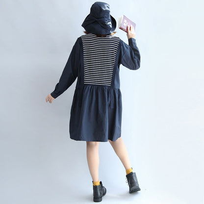 Autumn Cotton Patchwork Knit Striped Dresses Oversize Elastic Waist Long Sleeve Mid Dress