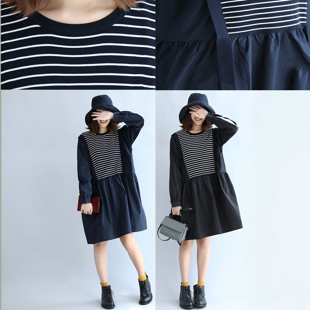 Autumn Cotton Patchwork Knit Striped Dresses Oversize Elastic Waist Long Sleeve Mid Dress