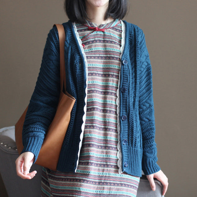 Autumn Dark Blue Cotton Cardigan Lace Chunky Sweater Tops