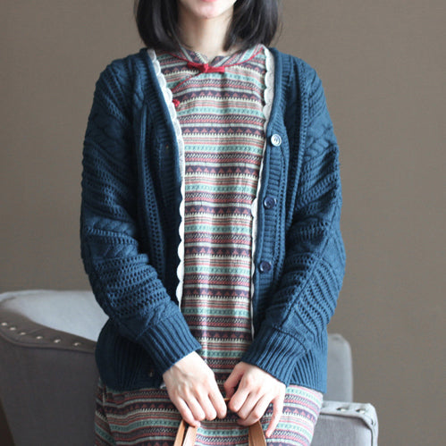 Autumn Dark Blue Cotton Cardigan Lace Chunky Sweater Tops
