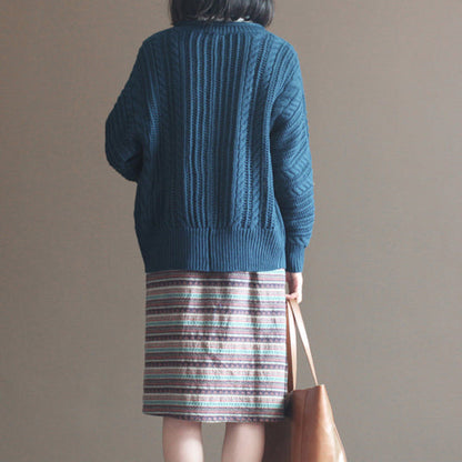 Autumn Dark Blue Cotton Cardigan Lace Chunky Sweater Tops