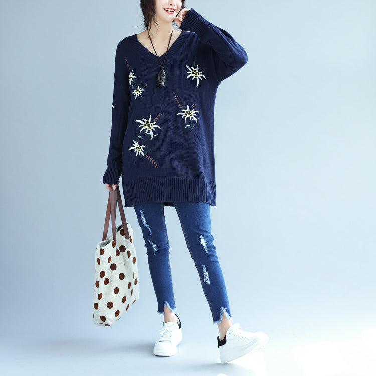 Autumn Blue Embroidery Sweater Dress Oversize Mid Long Knit Pullover Dresses