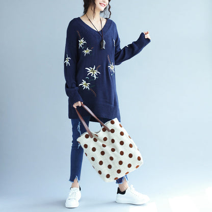 Autumn Blue Embroidery Sweater Dress Oversize Mid Long Knit Pullover Dresses