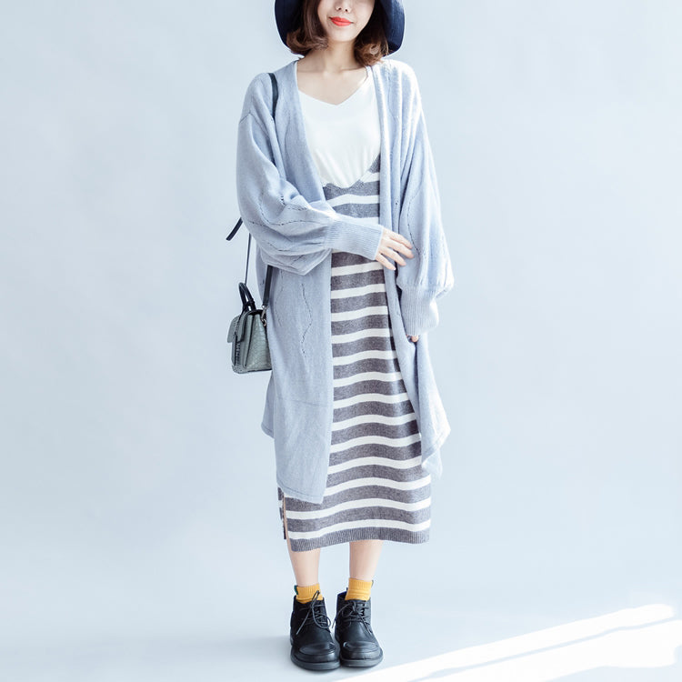 Autumn Light Blue Cotton Sweater Outwear Oversize Hollow Out Sweater Cardigan