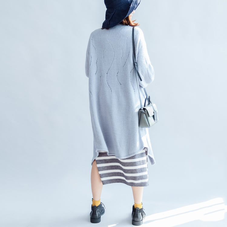 Autumn Light Blue Cotton Sweater Outwear Oversize Hollow Out Sweater Cardigan