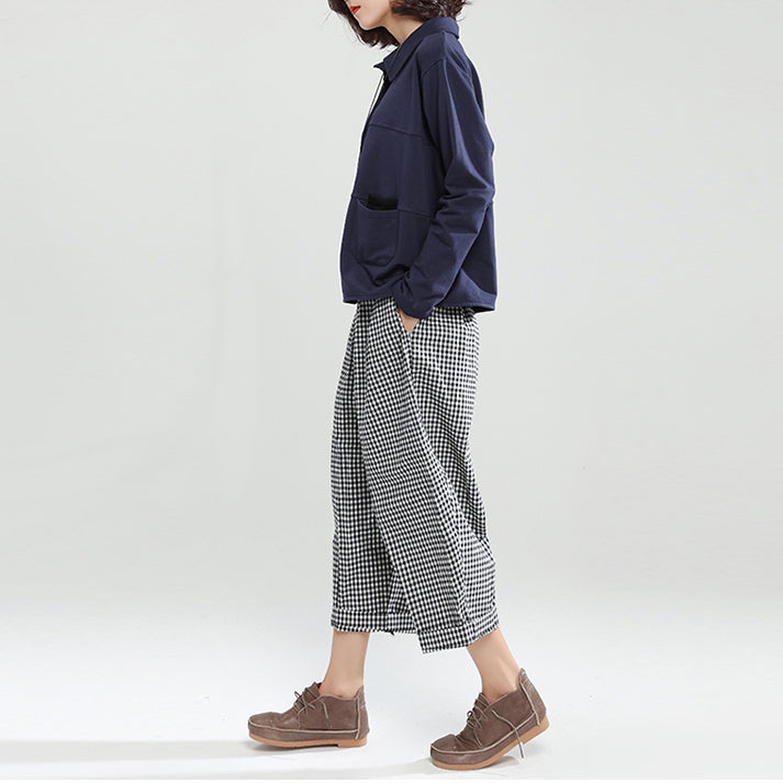 Autumn Navy Cotton Blouse Long Sleeve Pullover
