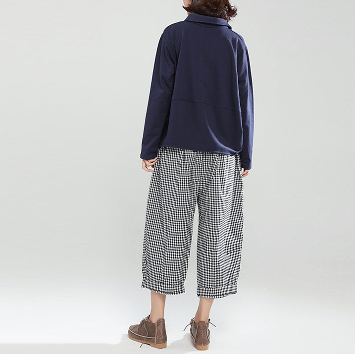 Autumn Navy Cotton Blouse Long Sleeve Pullover