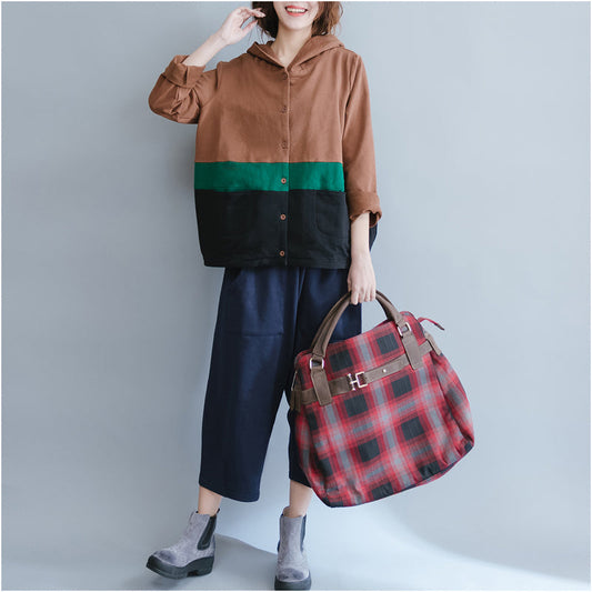 Autumn Patchwork Chocolate Cotton Coat Loose Chunky Cardigans Outwear